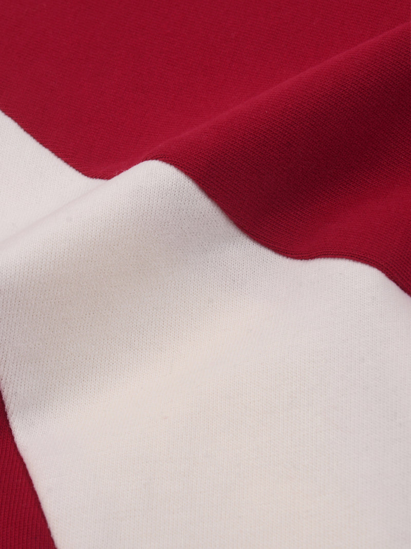 red and white tee shirt upclose